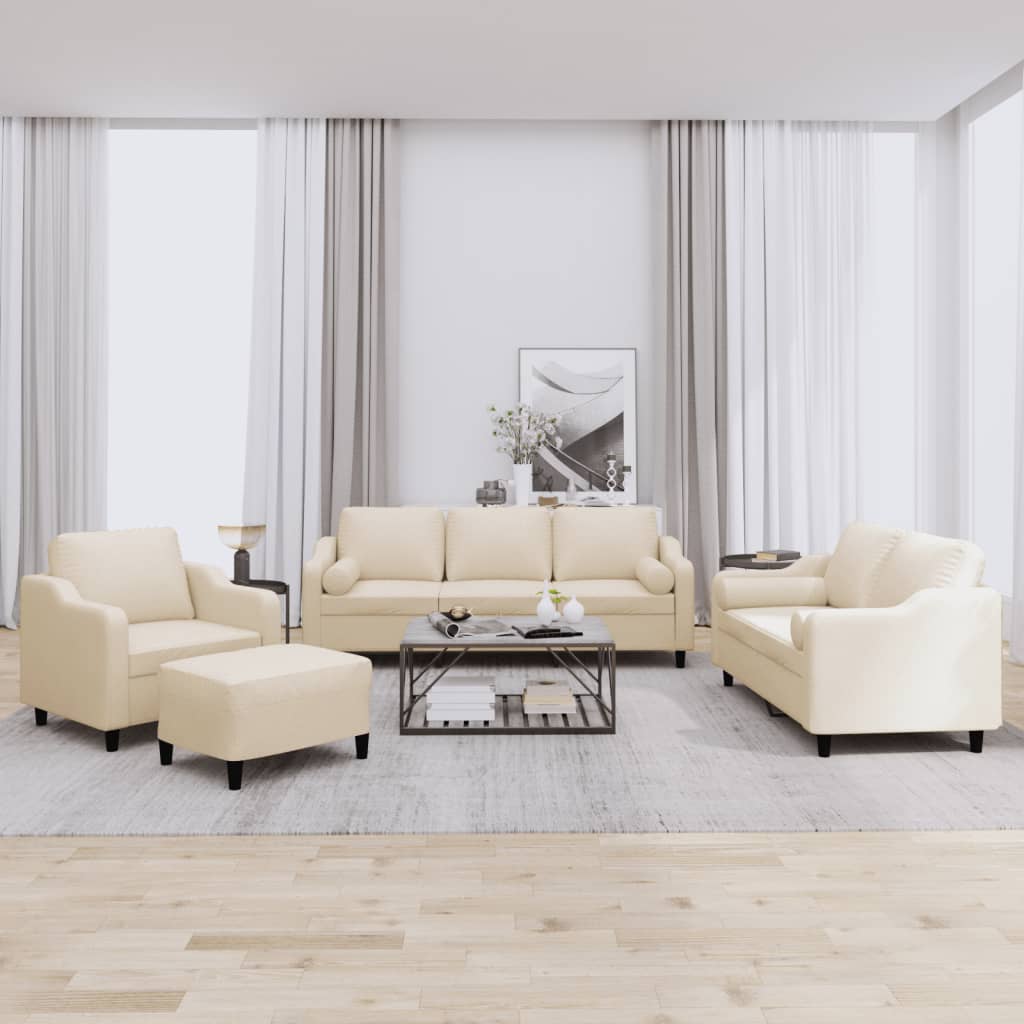 4 pcs conjunto de sofás com almofadas tecido cor creme