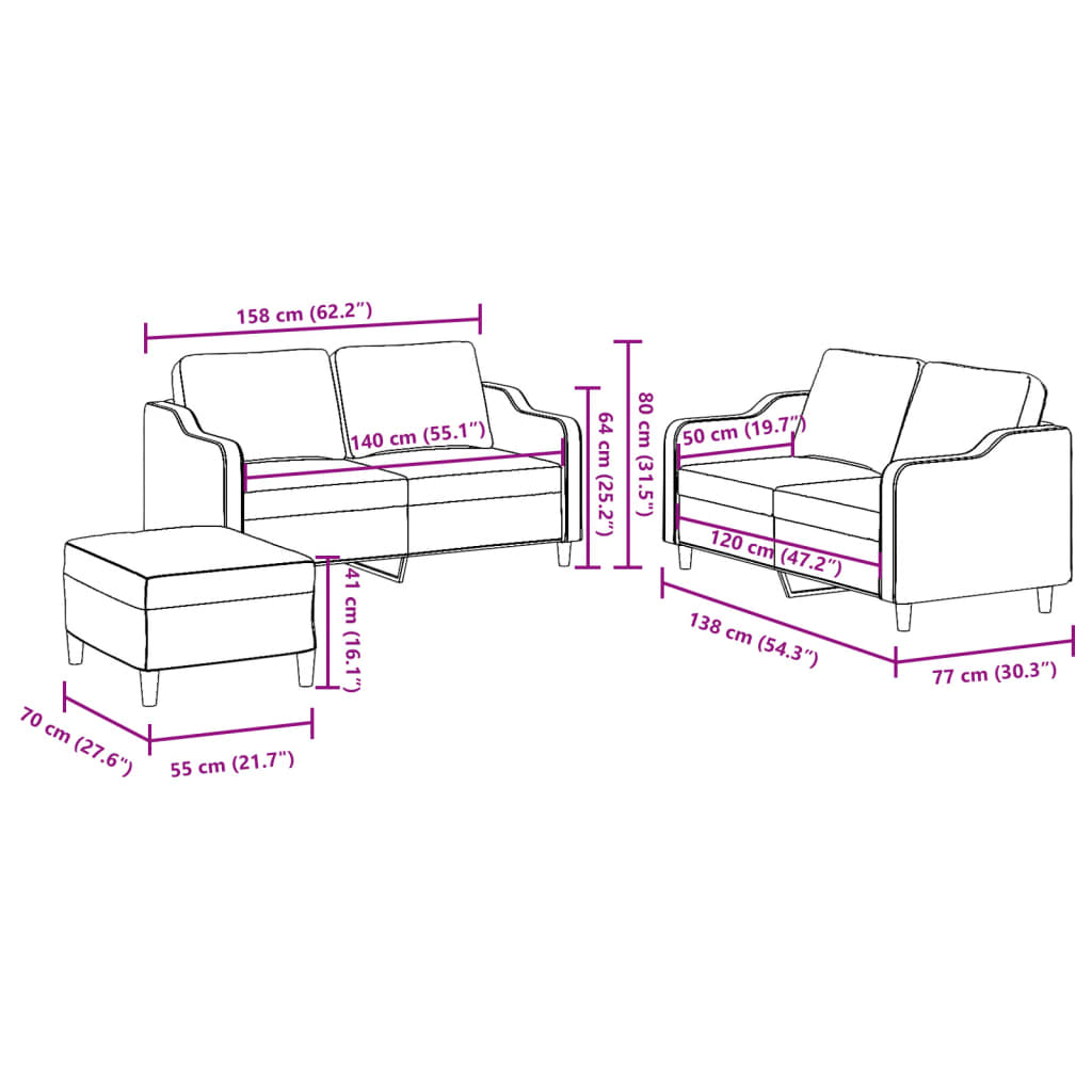 3 pcs conjunto de sofás com almofadões tecido cor creme