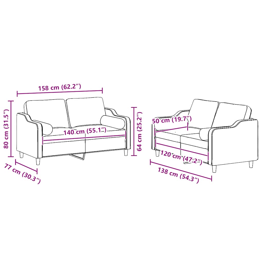 2 pcs conjunto de sofás com almofadas tecido vermelho-tinto