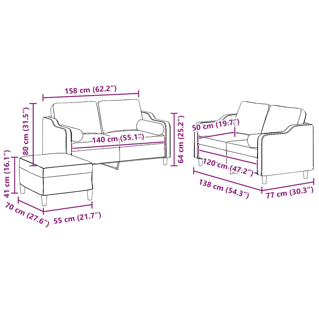 3 pcs conjunto de sofás com almofadas tecido cinzento-claro