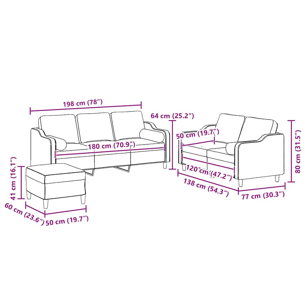 3 pcs conjunto de sofás com almofadas tecido cinzento-claro