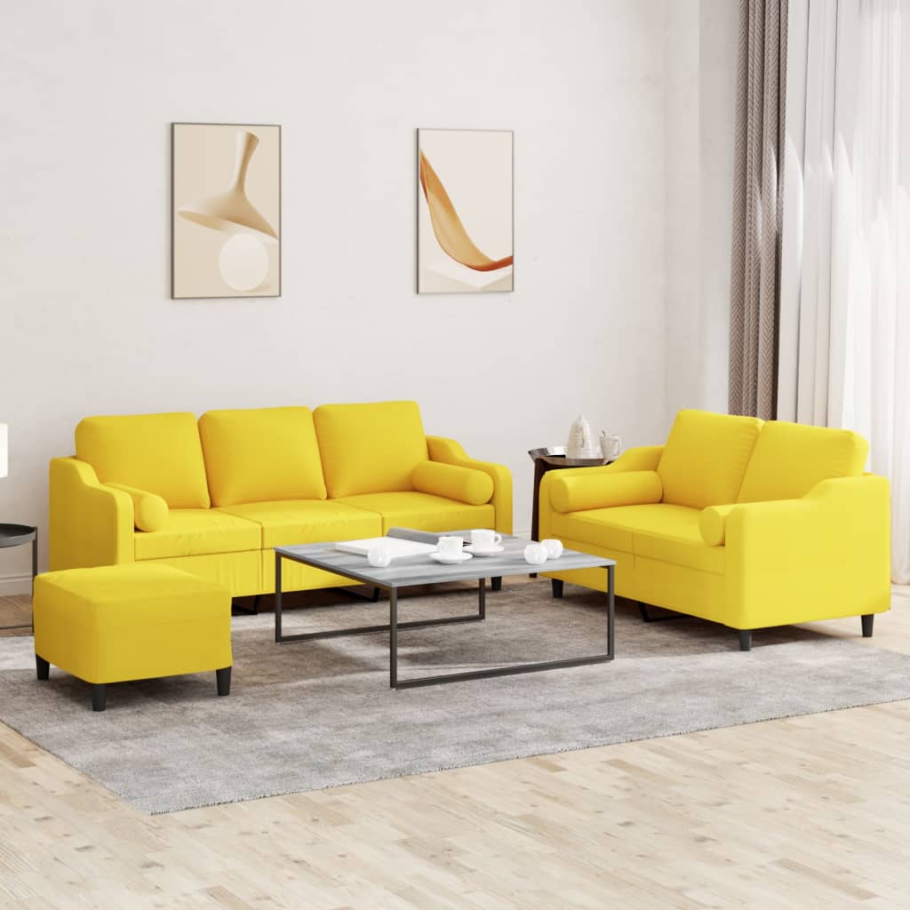 3 pcs conjunto de sofás com almofadas tecido amarelo-claro