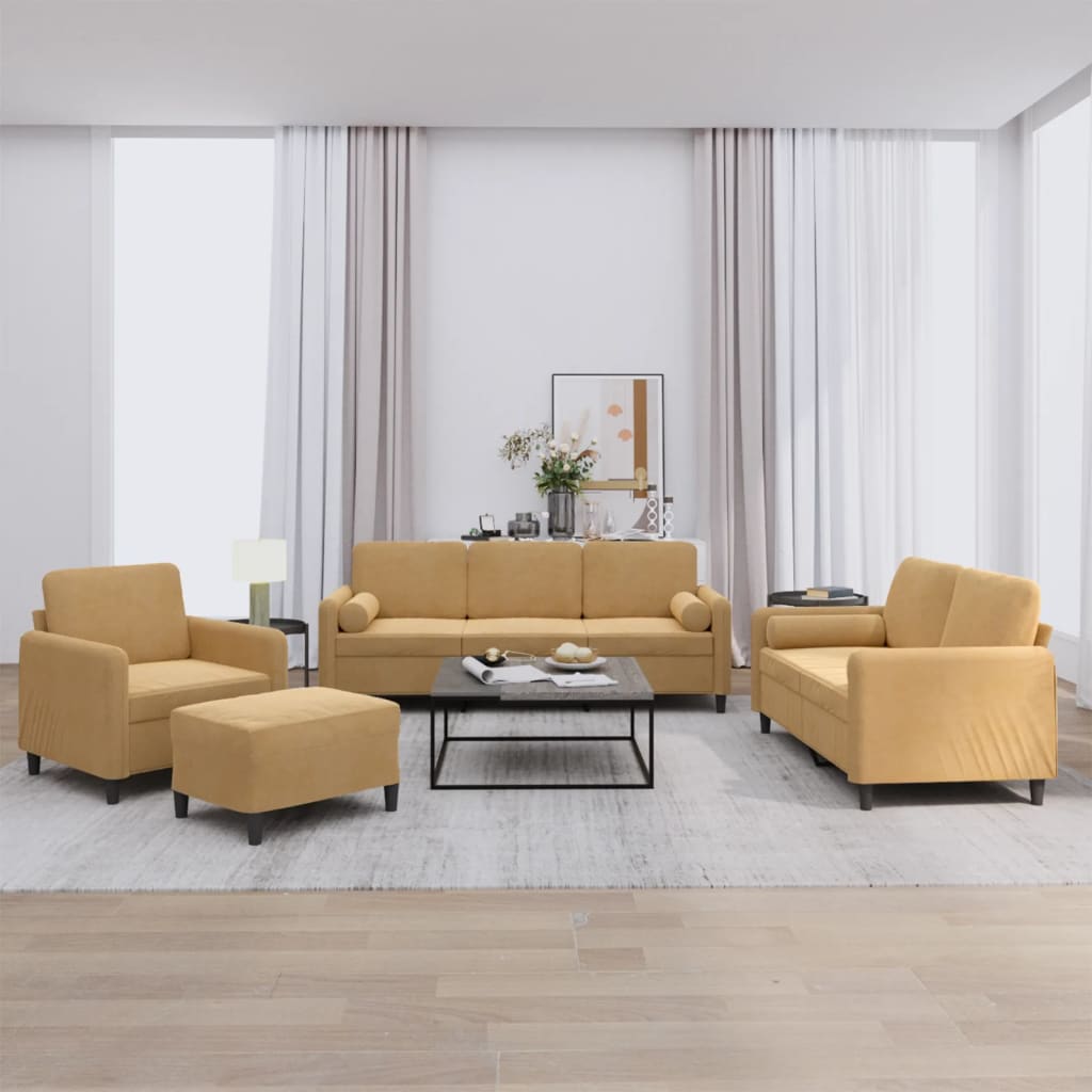 4 pcs conjunto de sofás com almofadas veludo castanho