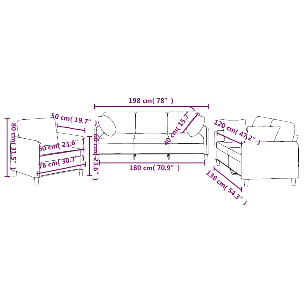 3 pcs conjunto de sofás com almofadas tecido cinza-acastanhado