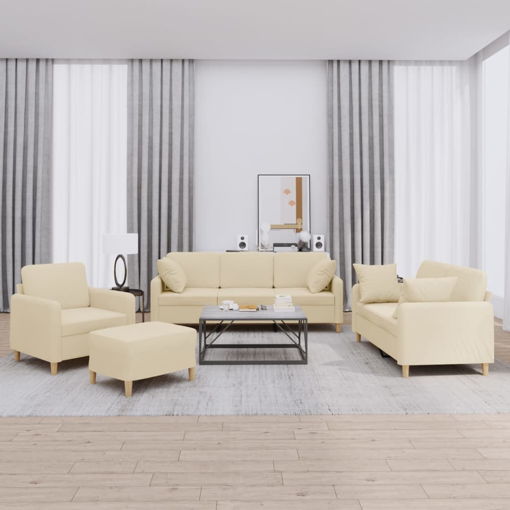 4 pcs conjunto de sofás com almofadas tecido cor creme