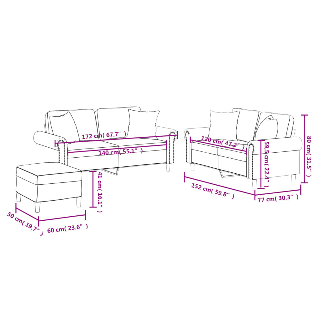 3 pcs conjunto sofás c/ almofadas couro artificial cappuccino