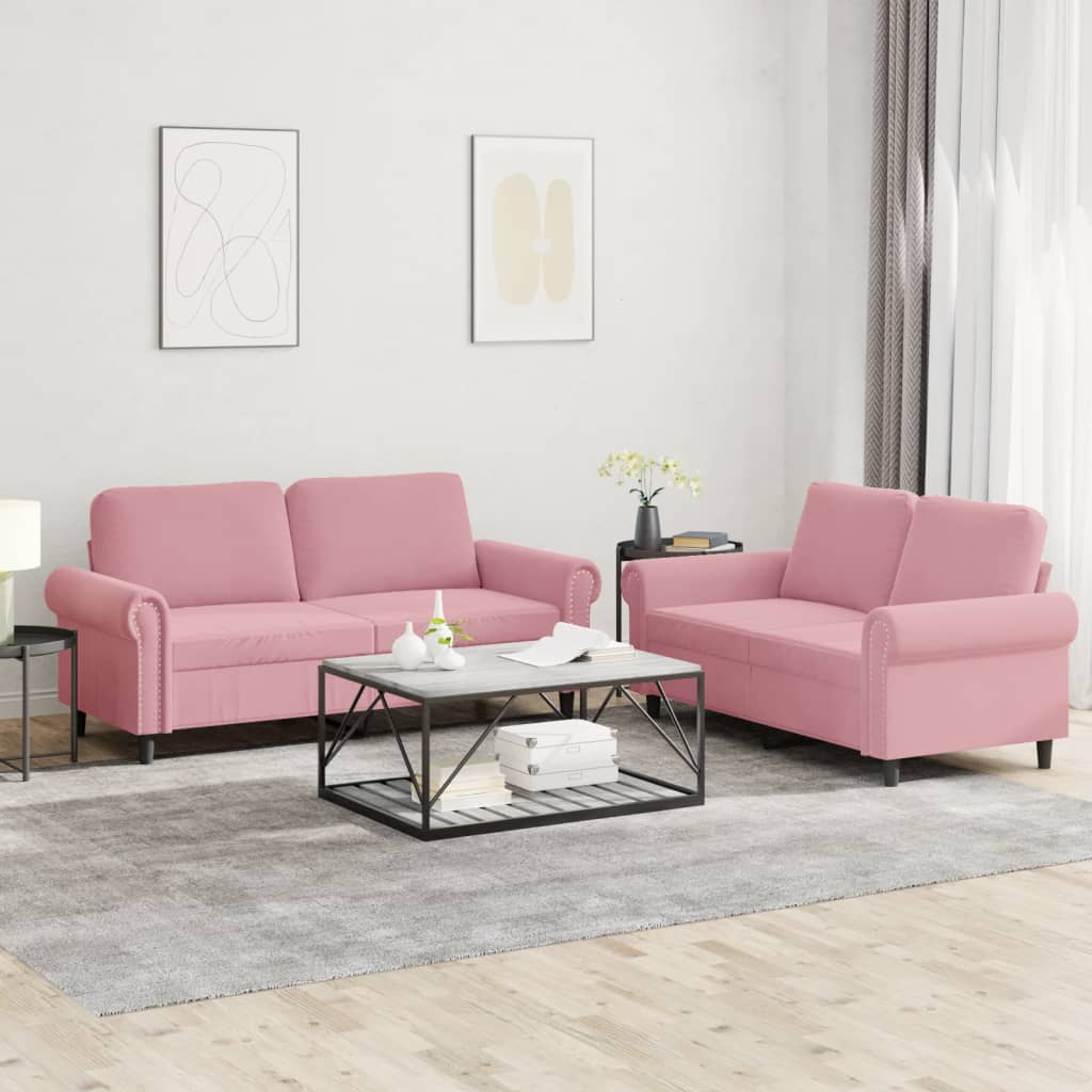 2 pcs conjunto de sofás com almofadões veludo rosa