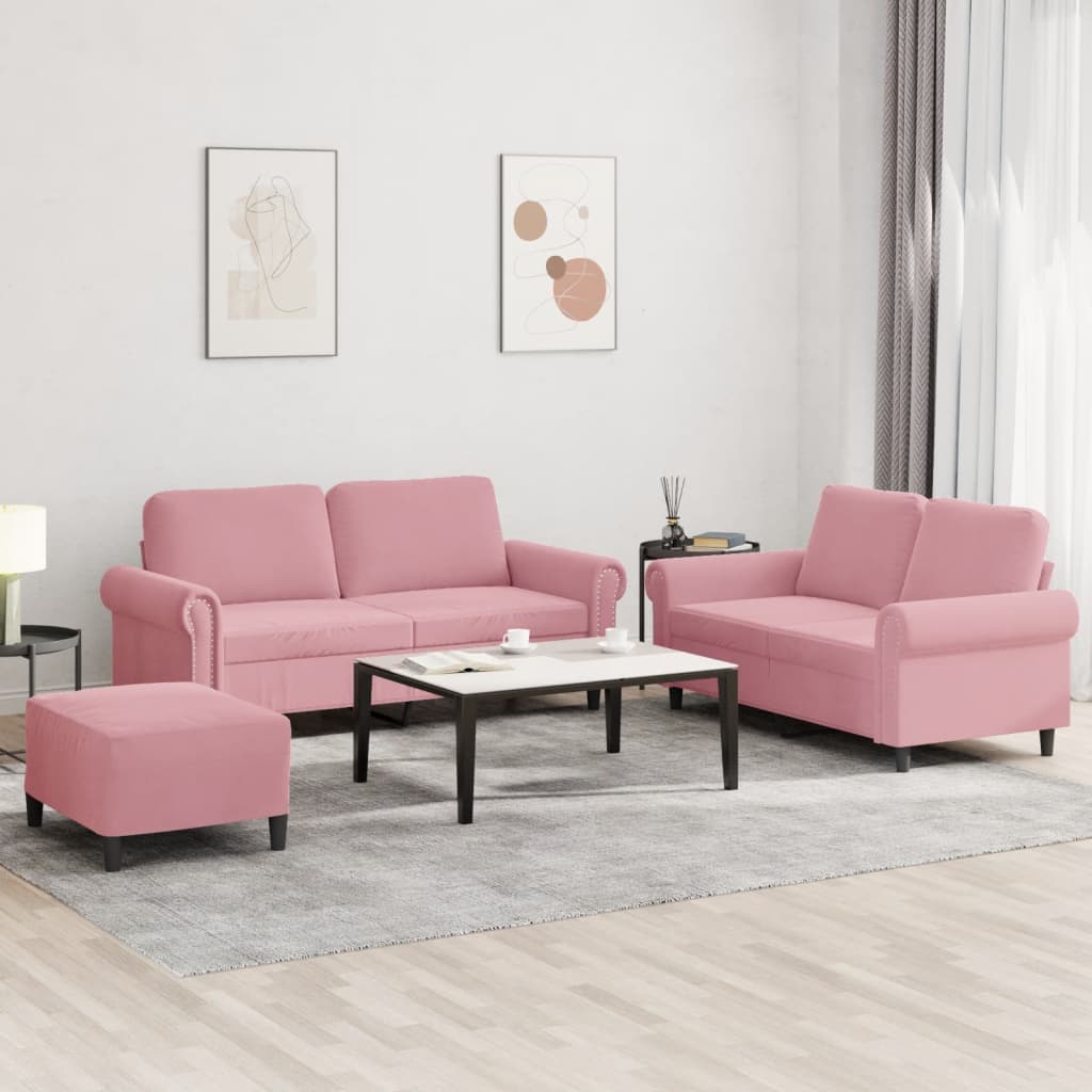 3 pcs conjunto de sofás com almofadões veludo rosa