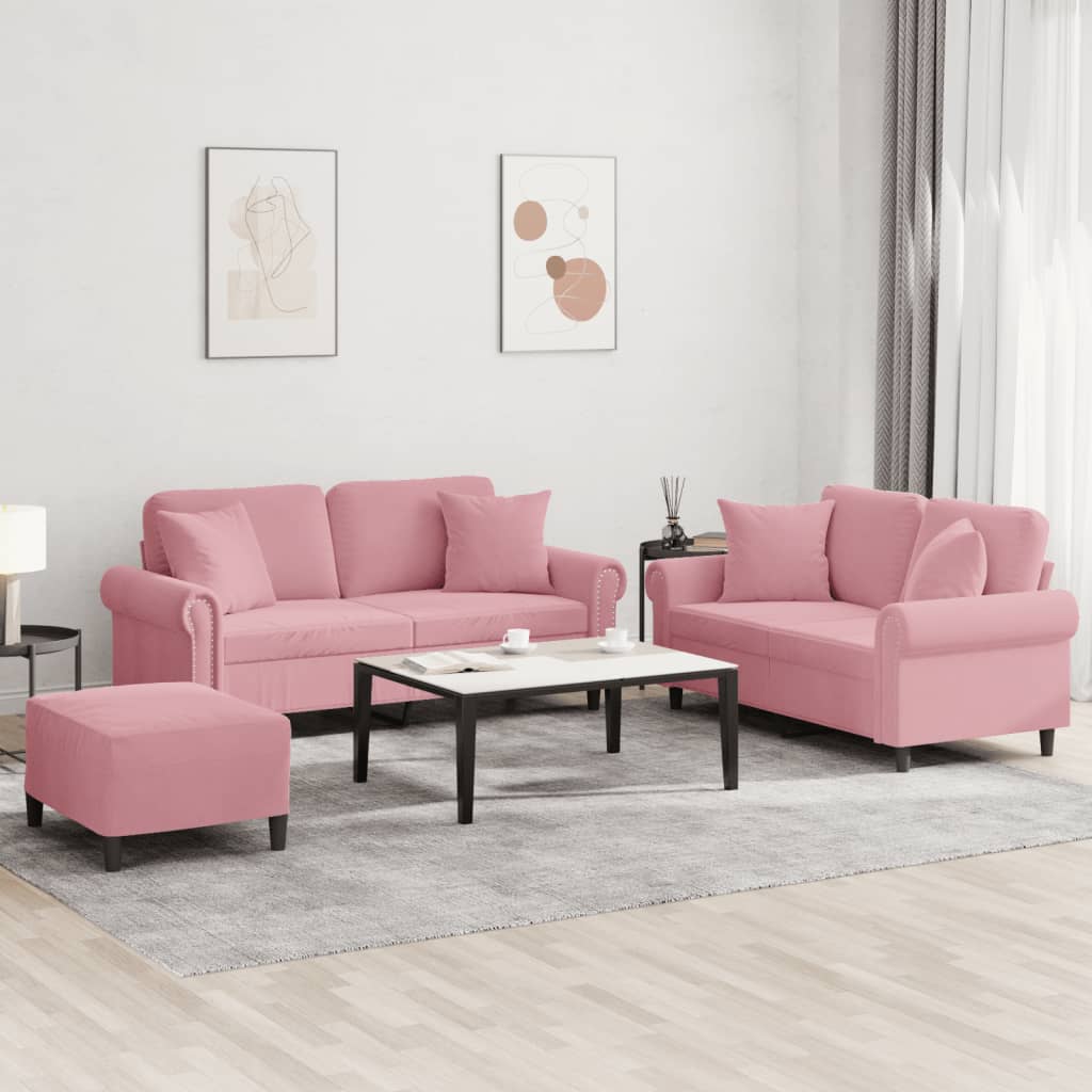 3 pcs conjunto de sofás com almofadas veludo rosa