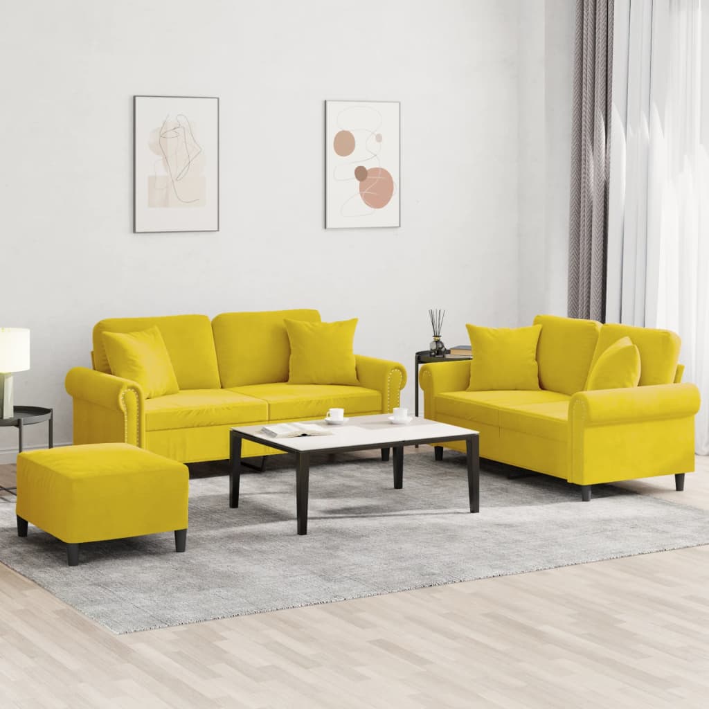 3 pcs conjunto de sofás com almofadas veludo amarelo