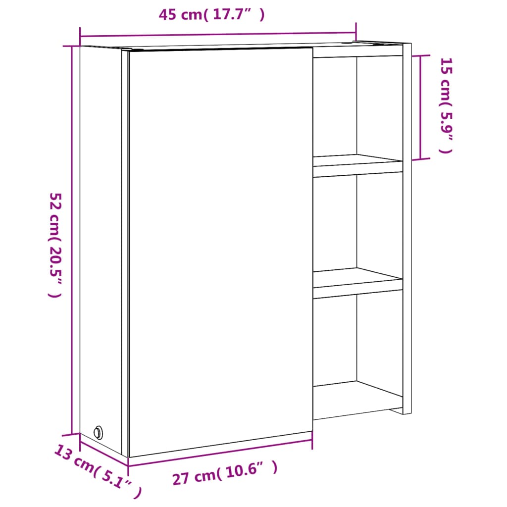 Armário espelhado p/ casa de banho c/ LEDs 45x13x52 cm branco