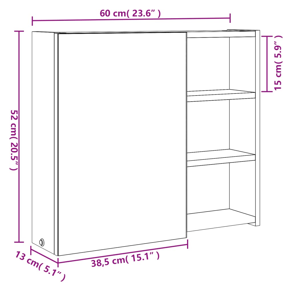 Armário espelhado p/ casa de banho c/ LEDs 60x13x52cm branco
