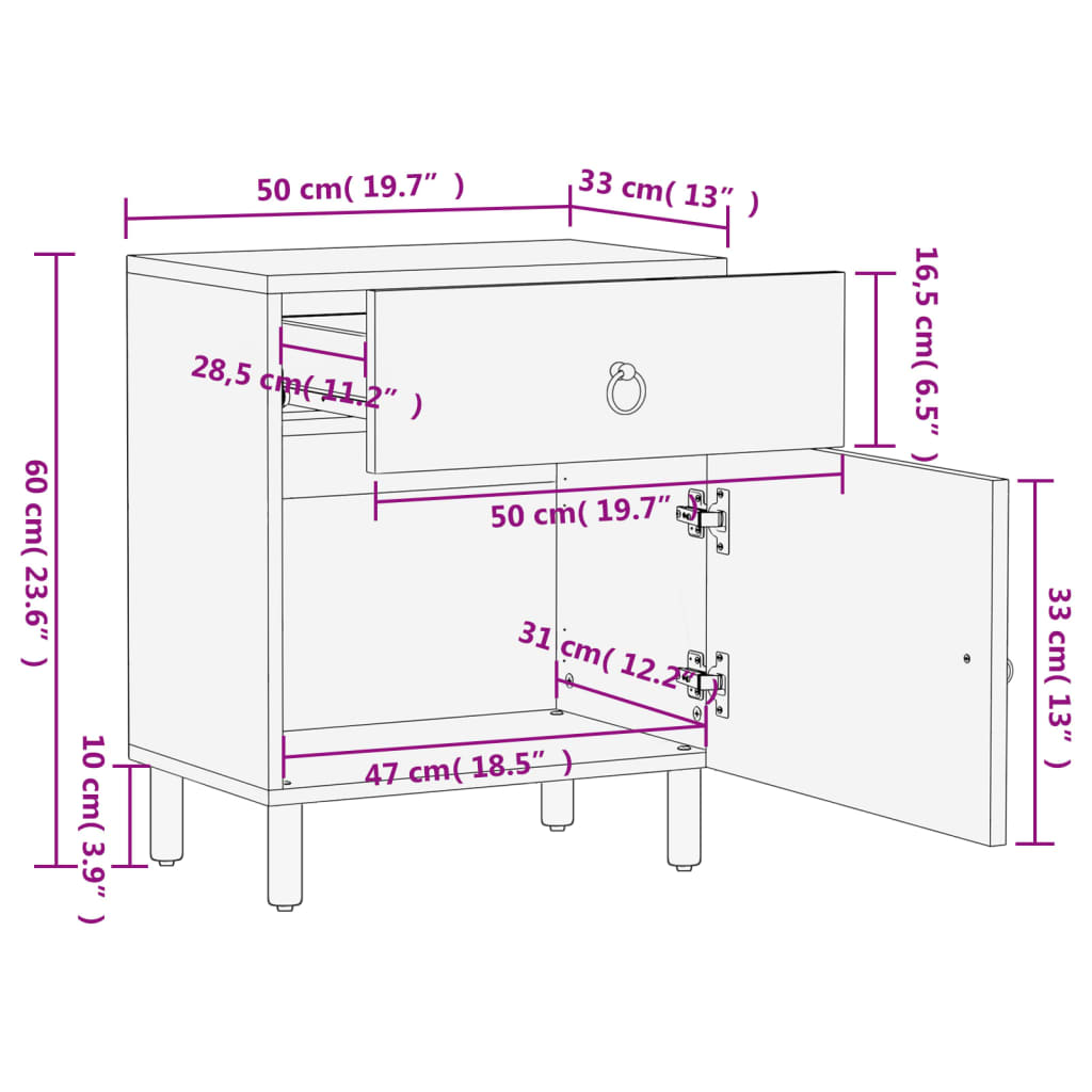 Mesa de cabeceira 50x33x60 cm madeira de mangueira maciça