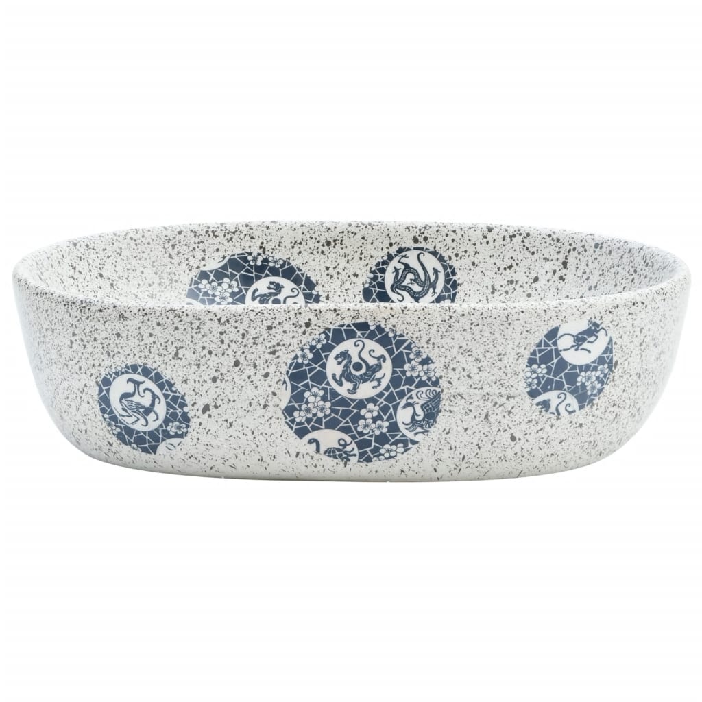 Lavatório de bancada oval 47x33x13 cm cerâmica cinza e azul