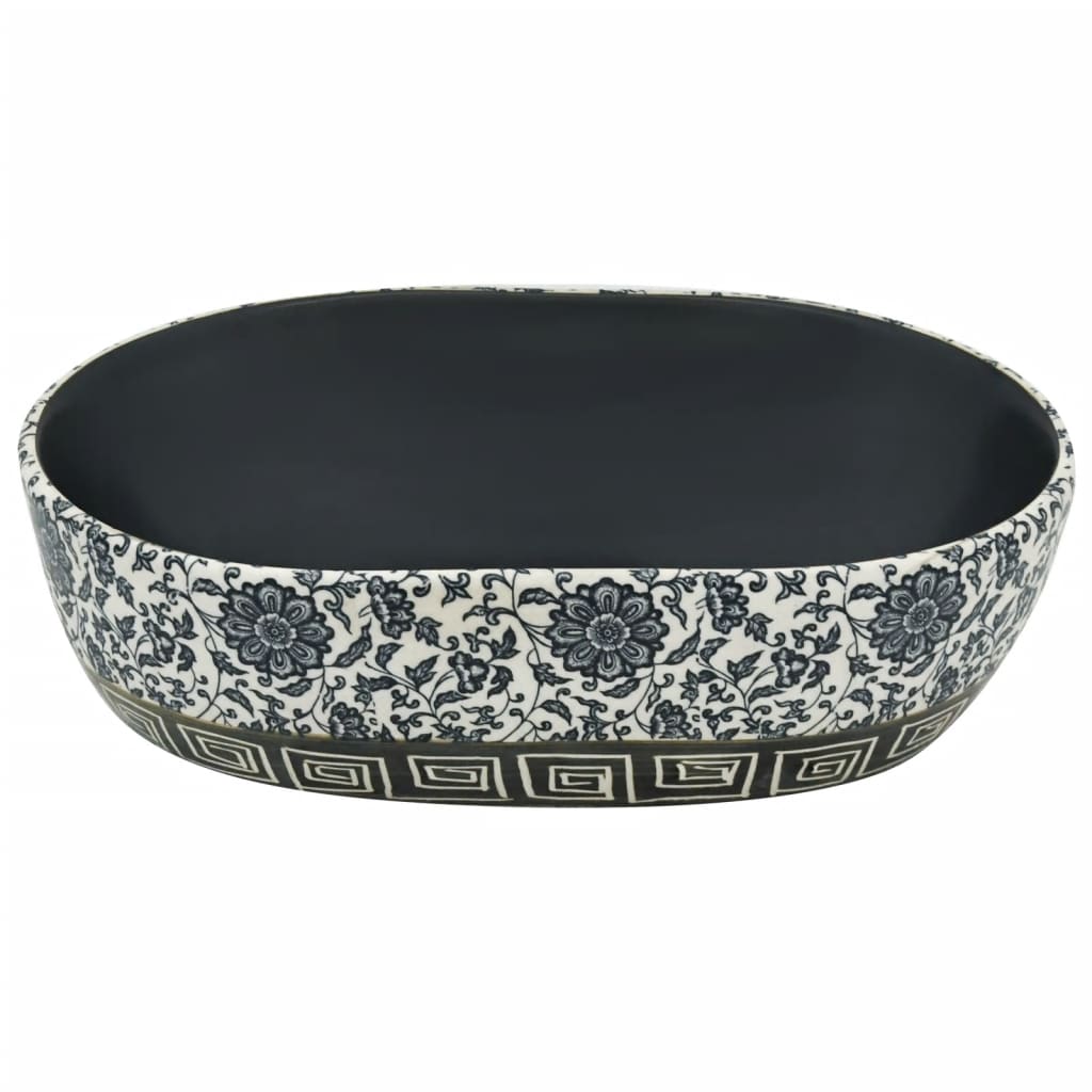 Lavatório de bancada oval 47x33x13 cm cerâmica preto e azul