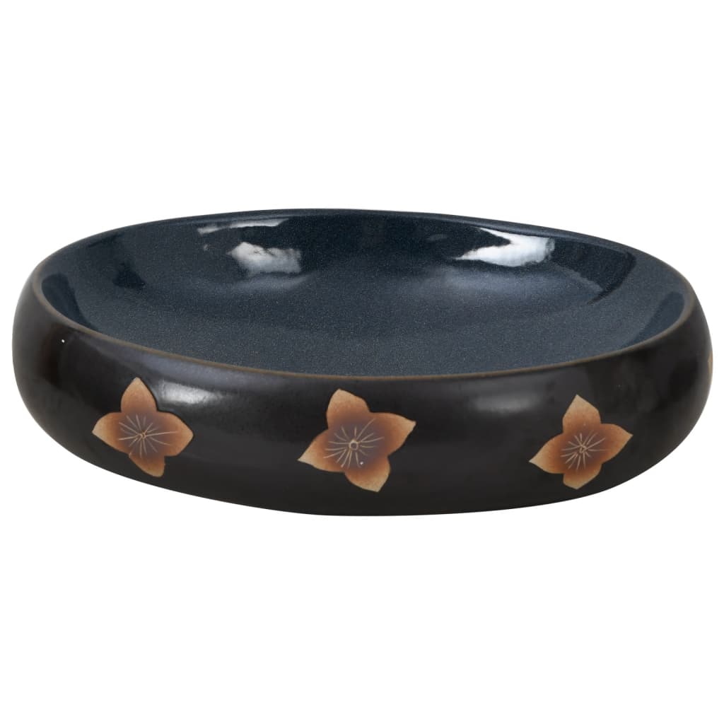 Lavatório de bancada oval 59x40x15 cm cerâmica preto e azul