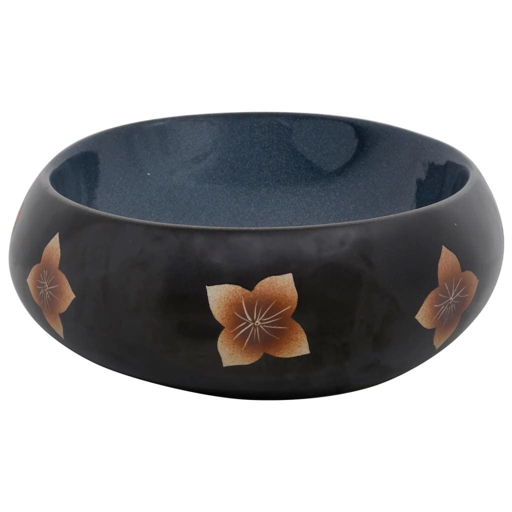 Lavatório de bancada oval 59x40x15 cm cerâmica preto e azul