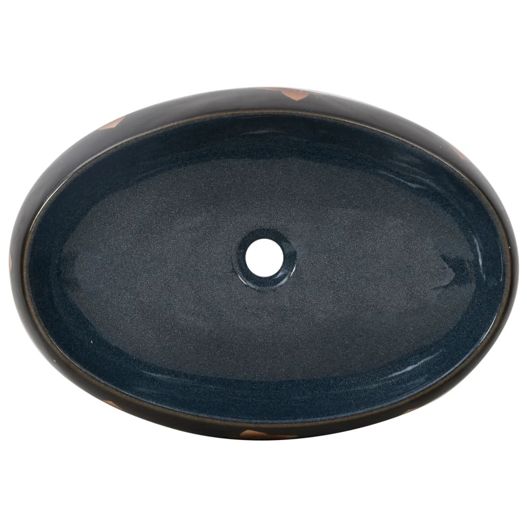 Lavatório de bancada oval 59x40x15 cm cerâmica preto e azul
