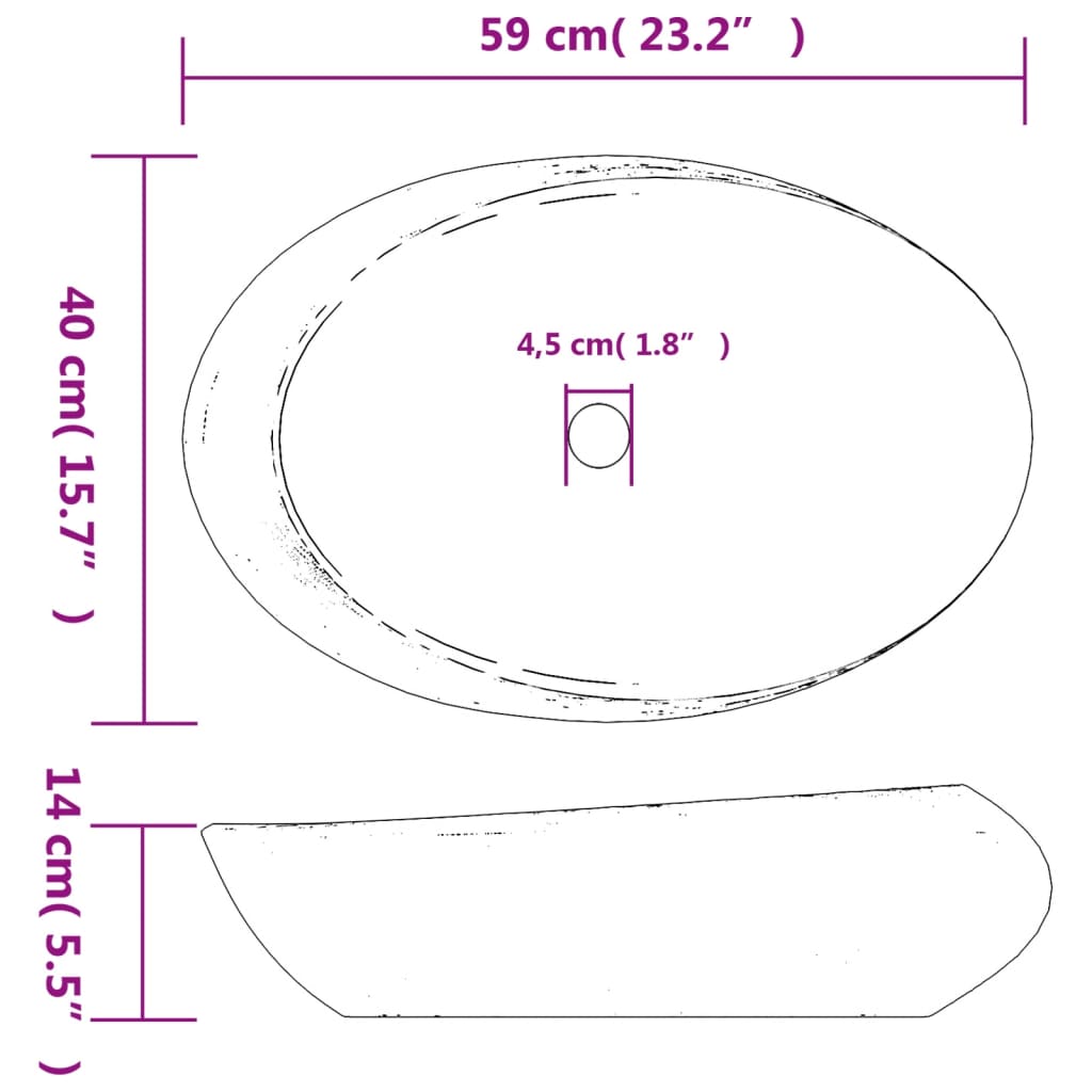 Lavatório de bancada oval 59x40x14 cm cerâmica cinza e preto