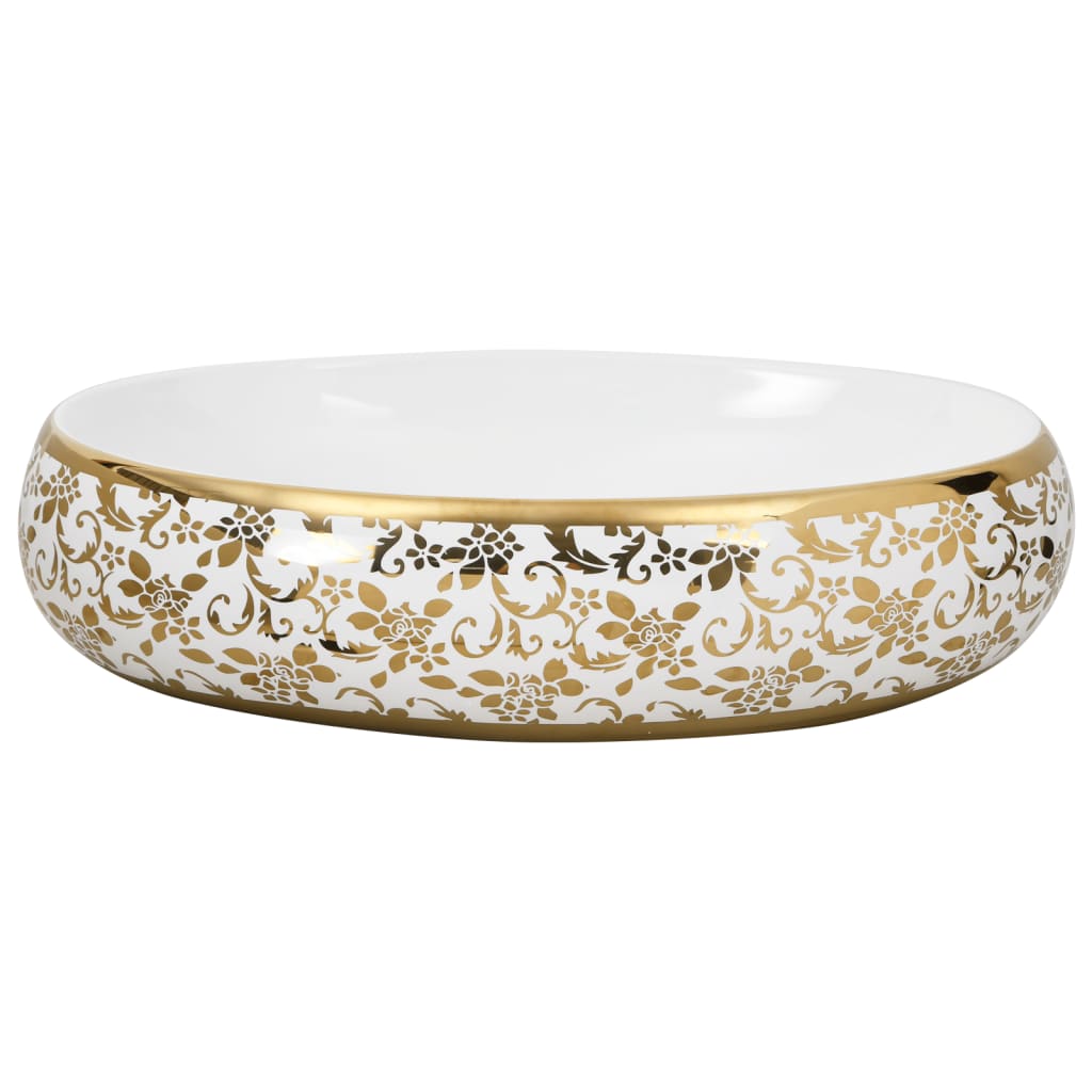 Lavatório de bancada oval 59x40x15 cm cerâmica branco e dourado