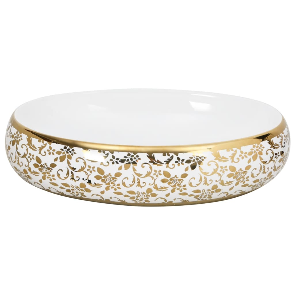 Lavatório de bancada oval 59x40x15 cm cerâmica branco e dourado