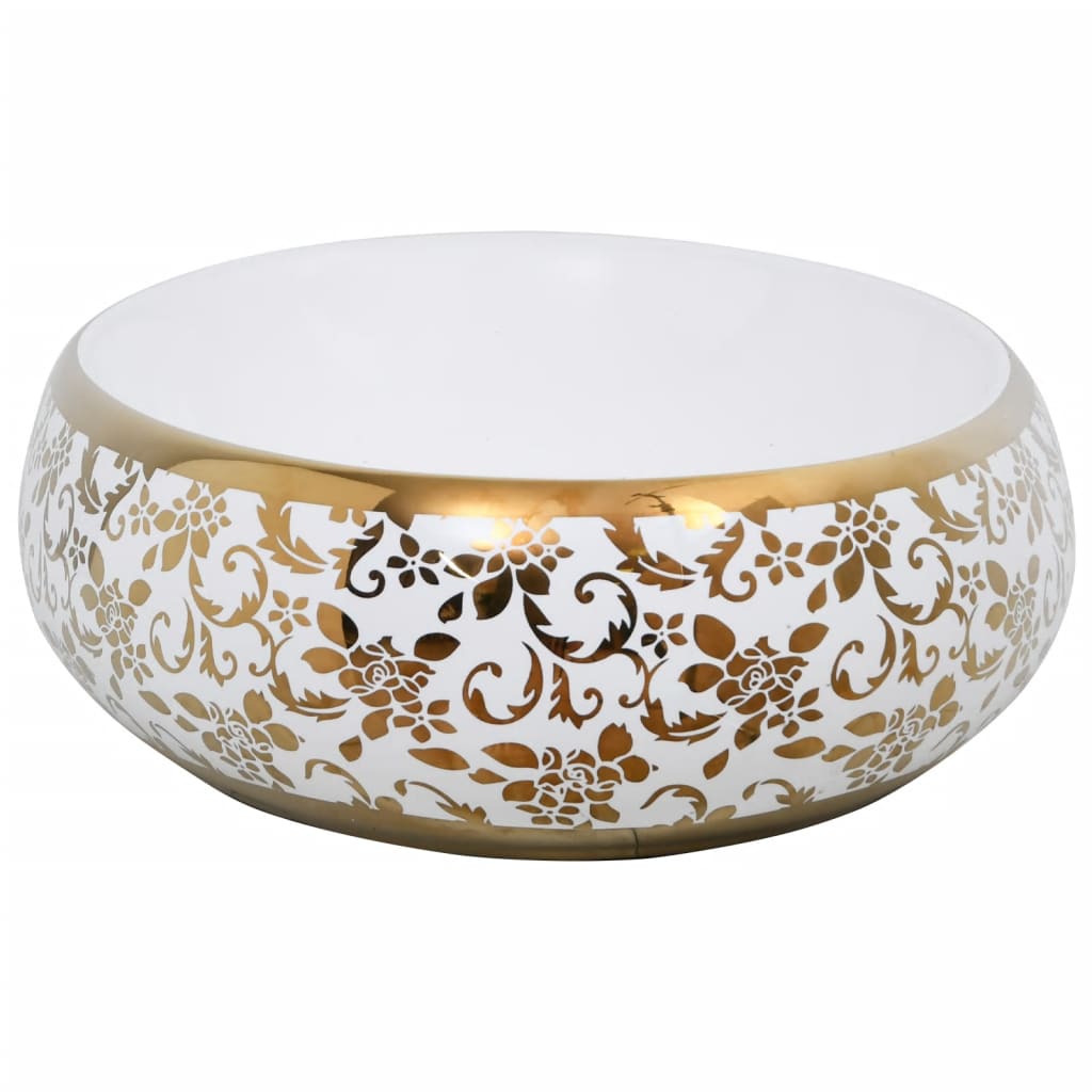 Lavatório de bancada oval 59x40x15 cm cerâmica branco e dourado