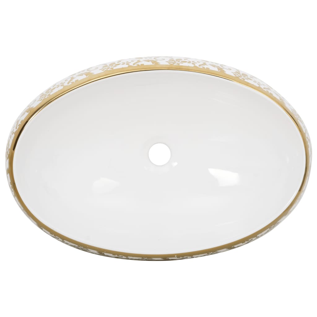 Lavatório de bancada oval 59x40x15 cm cerâmica branco e dourado