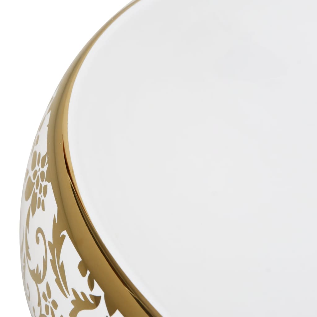 Lavatório de bancada oval 59x40x15 cm cerâmica branco e dourado