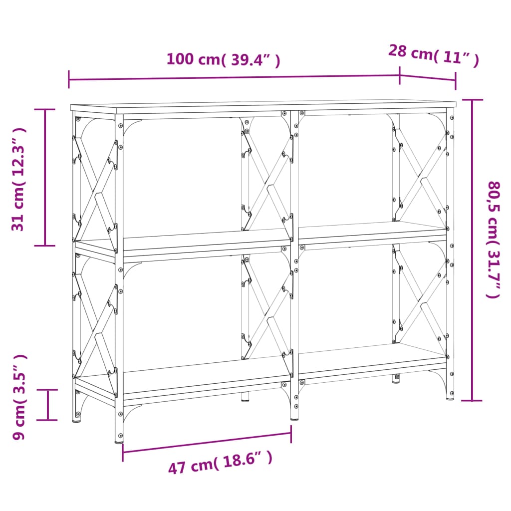 Mesa consola 100x28x80,5cm derivados de madeira carvalho sonoma