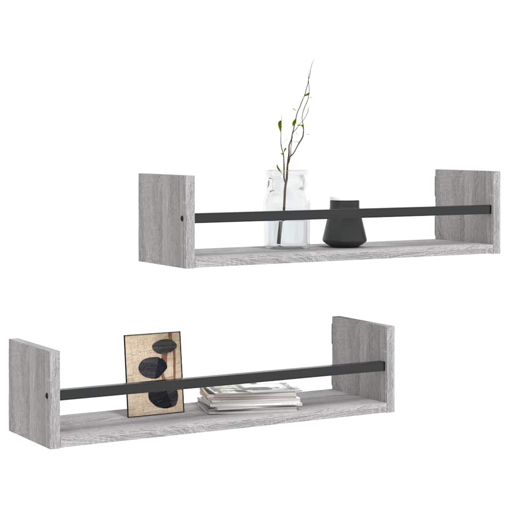 Prateleiras de parede c/ barras 2 pcs 60x16x14 cm cinza sonoma