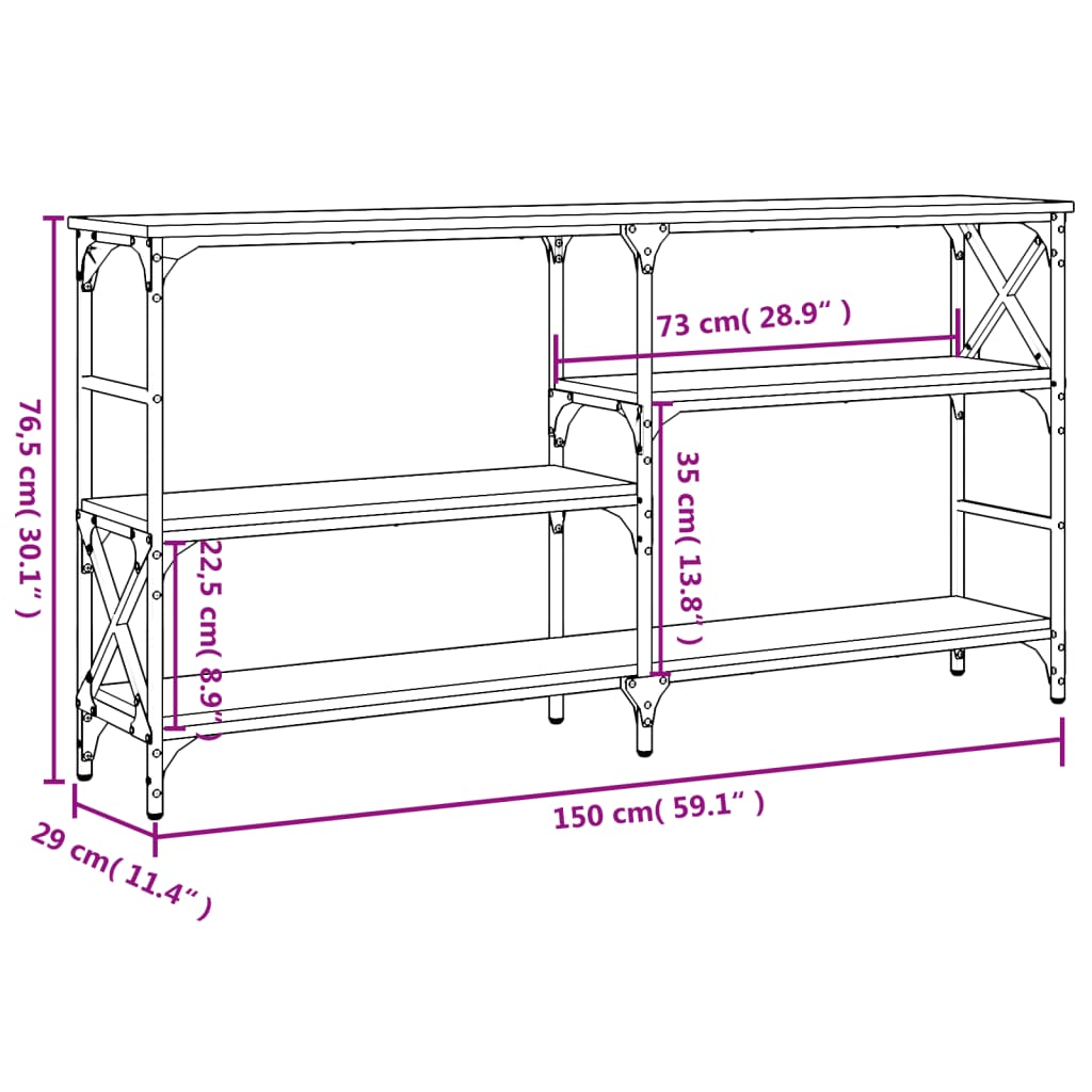 Mesa consola 150x29x76,5 cm derivados madeira cinzento sonoma