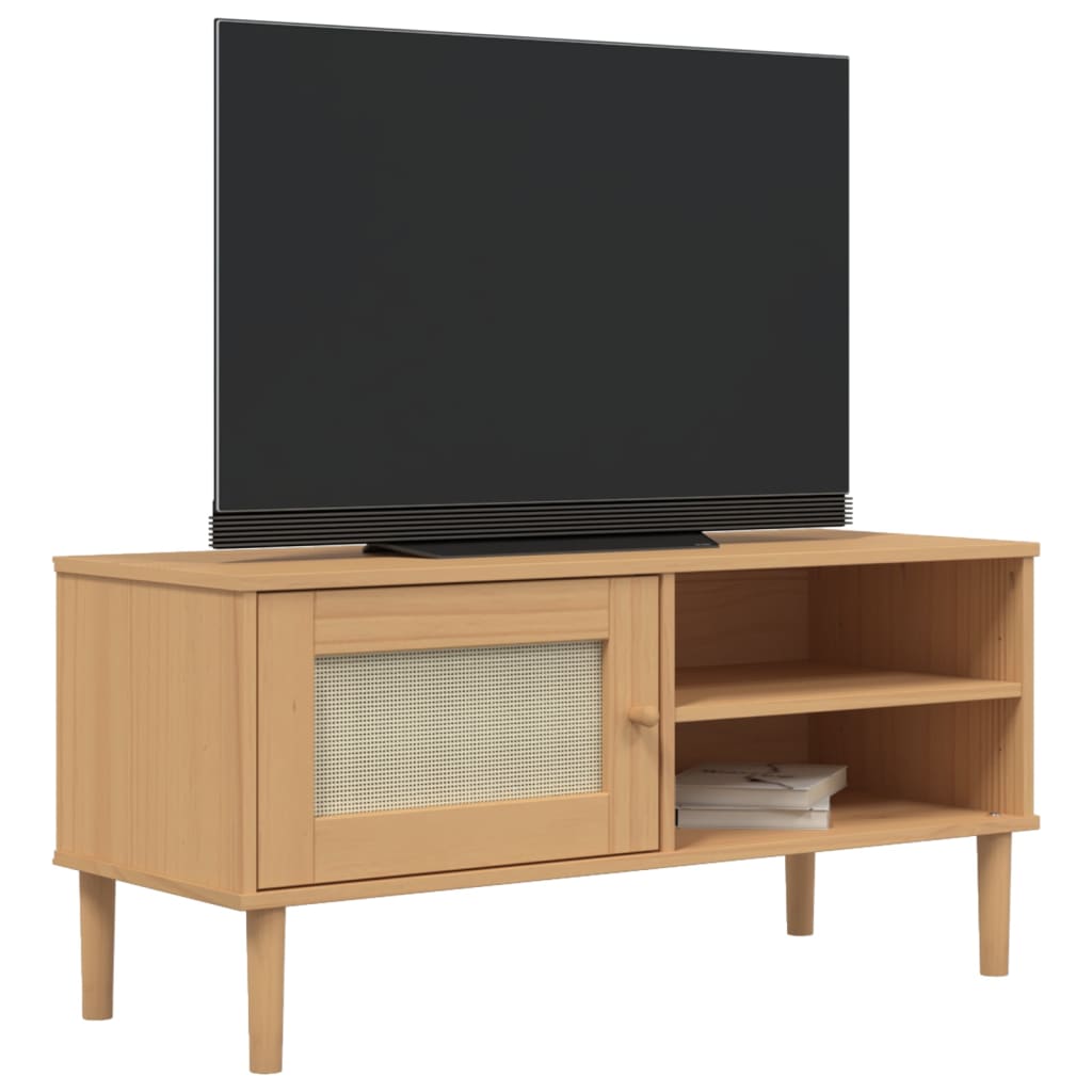 Móvel de TV SENJA aspeto vime 106x40x49cm pinho maciço castanho