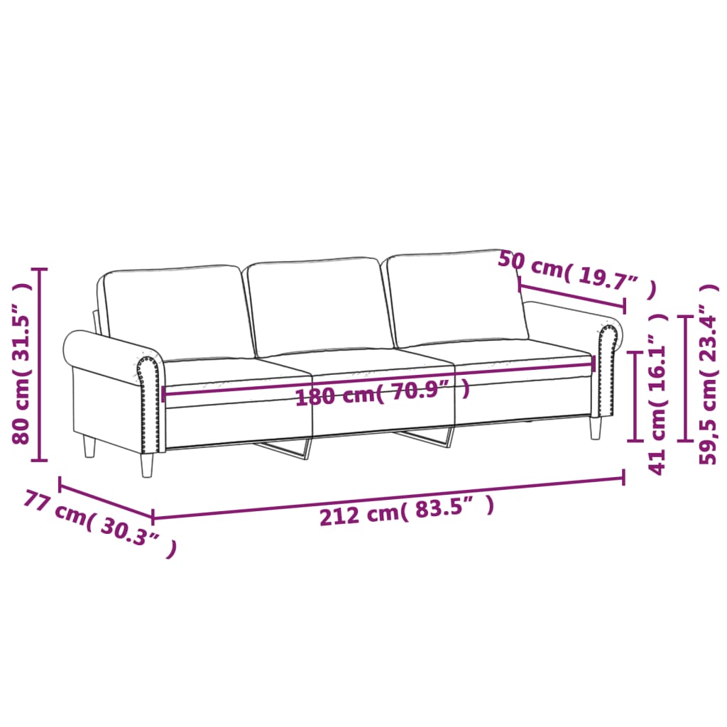 Sofá de 3 lugares 180 cm veludo cor creme