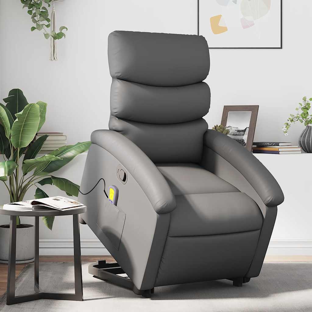 Poltrona massagens reclinável elevatória couro artif. cinzento