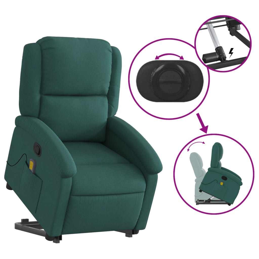 Poltrona reclinável elevatória de massagens tecido verde-escuro