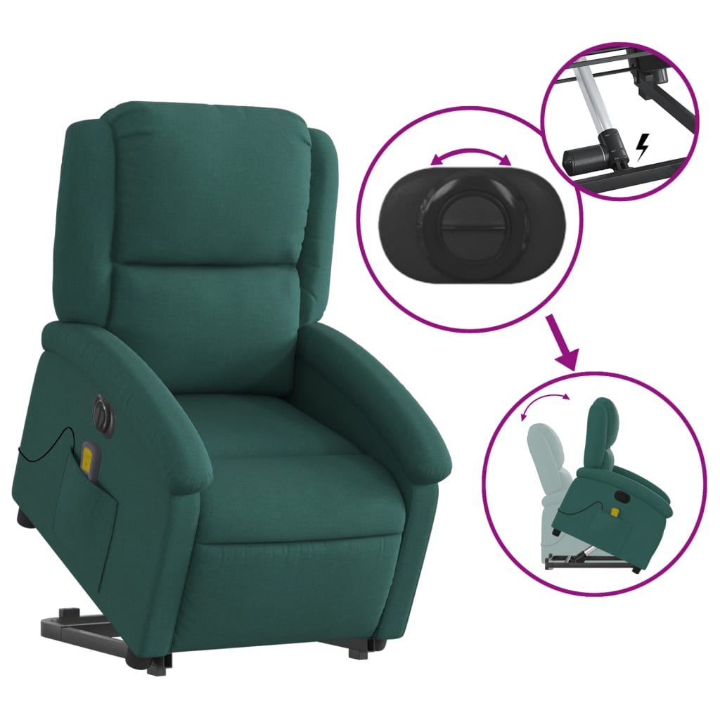 Poltrona elétrica elevatória massagens tecido verde-escuro