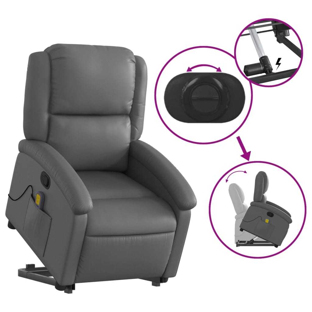 Poltrona massagens reclinável elevatória couro artif. cinzento