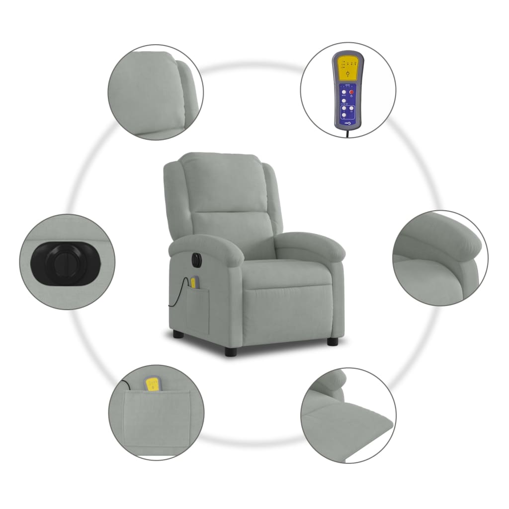 Poltrona de massagens reclinável elétrica veludo cinzento-claro