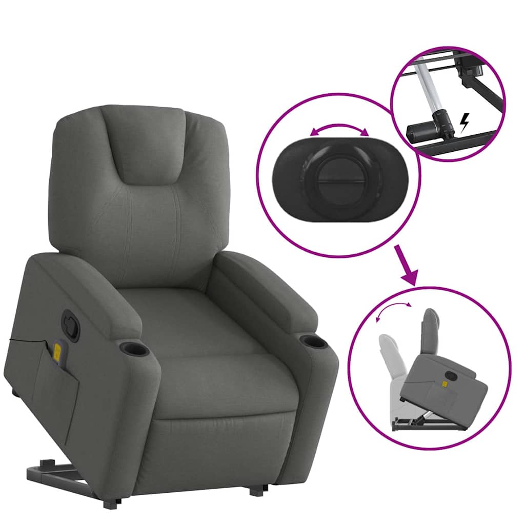 Poltrona elevatória de massagens tecido cinzento-escuro