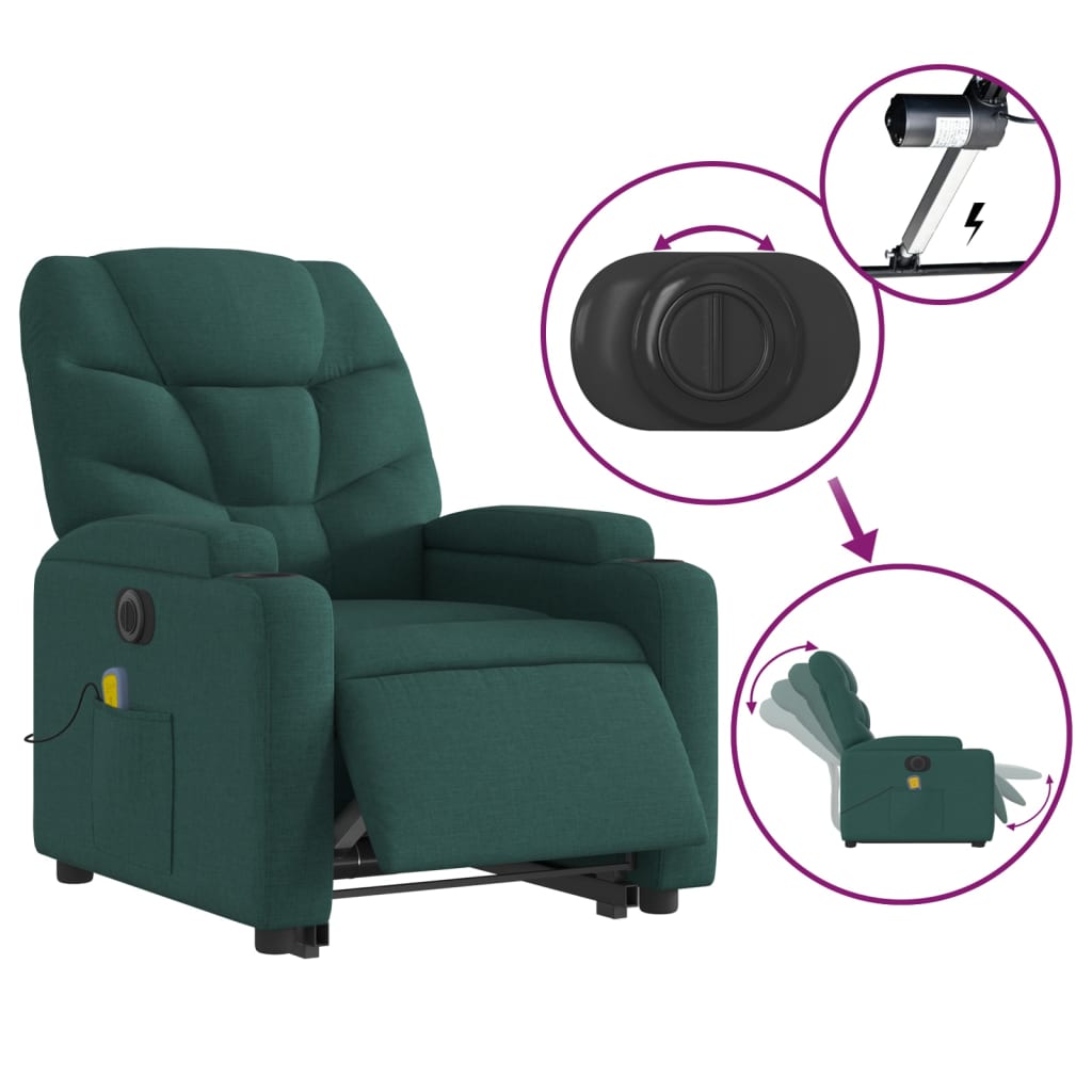 Poltrona elétrica elevatória massagens tecido verde-escuro