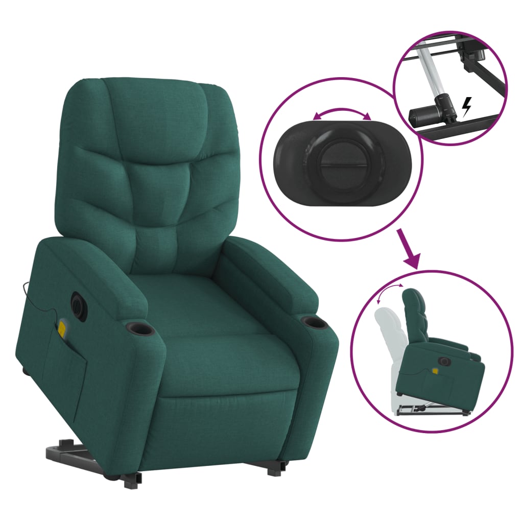 Poltrona elétrica elevatória massagens tecido verde-escuro
