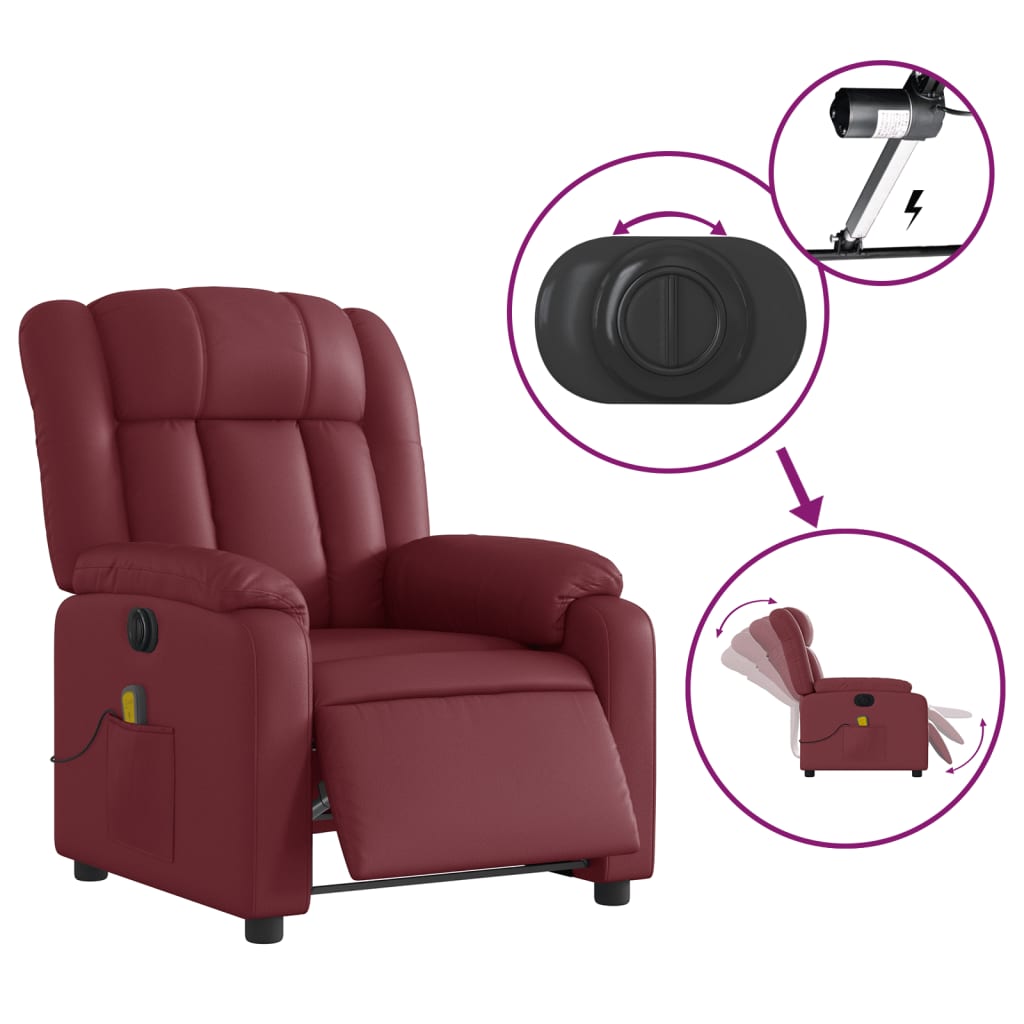 Poltrona massagens reclin. elétrica couro artif. vermelho-tinto