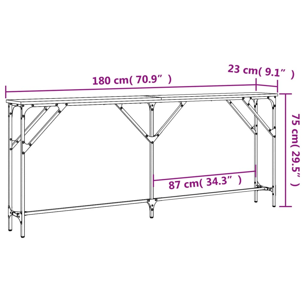 Mesa consola 180x23x75 cm derivados de madeira cinzento sonoma
