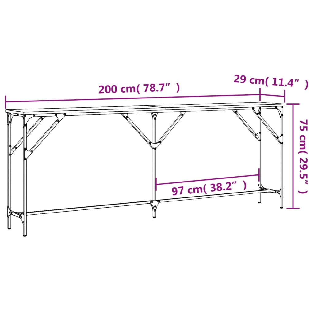 Mesa consola 200x29x75 cm derivados de madeira cinzento sonoma