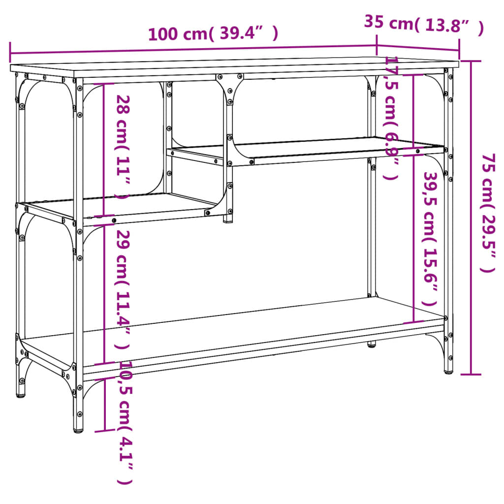 Mesa consola c/ prateleiras 100x35x75 cm preto