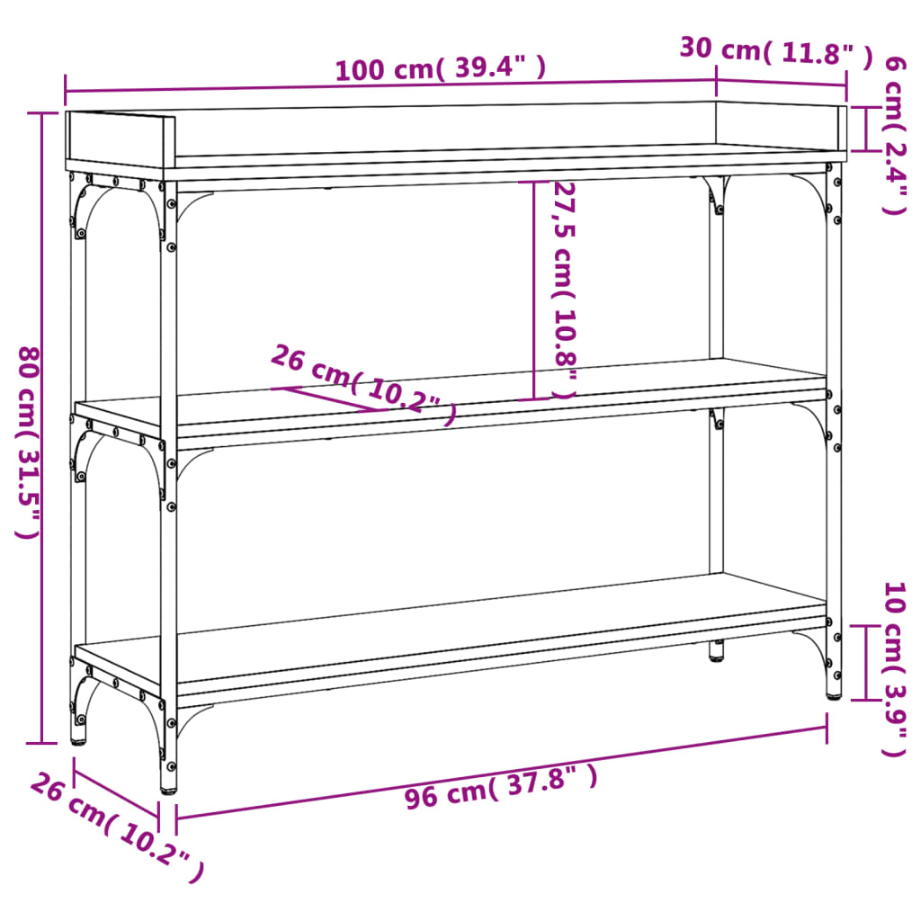 Mesa consola c/ prateleiras 100x30x80 cm carvalho fumado