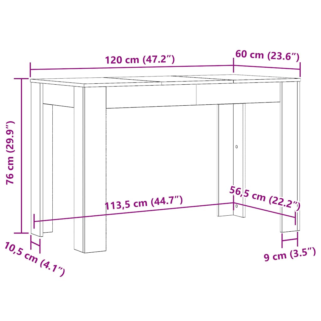 Mesa de jantar 120x60x76 cm derivados de madeira cinza sonoma