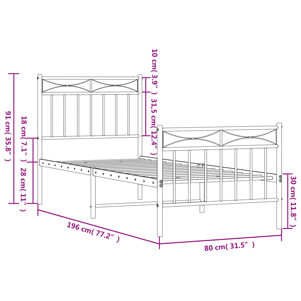 Estrutura de cama com cabeceira e pés 75x190 cm metal preto