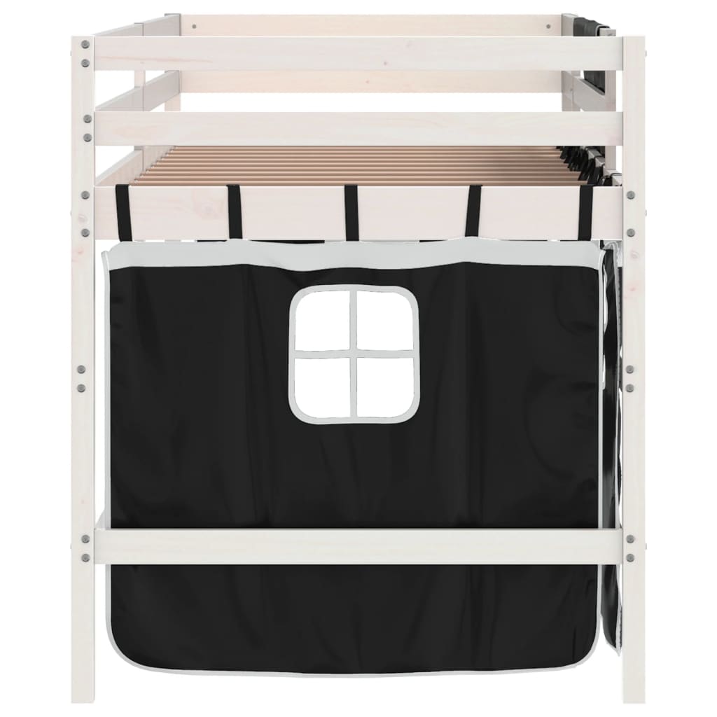 Cama alta criança c/ cortina 90x200cm pinho maciço branco/preto
