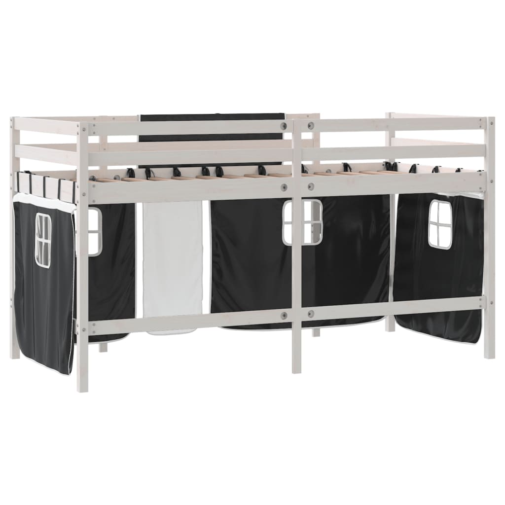 Cama alta criança c/ cortina 90x200cm pinho maciço branco/preto